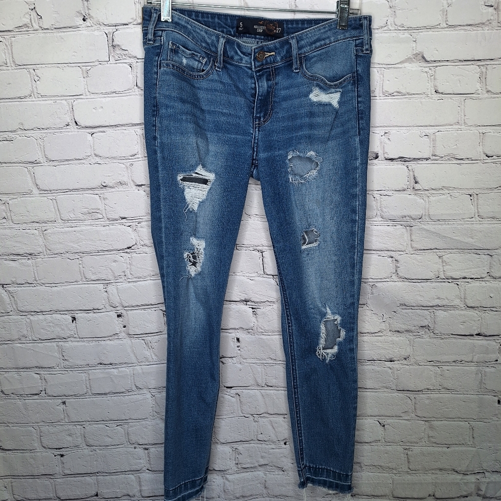 Hollister Ankle Distressed Skinny Med Wash Low Rise Torn Ripped Denim Sz 5